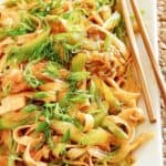 Homemade Panda Express chow mein on a rectangular plate.
