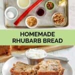 Old-fashioned rhubarb bread ingredients and slices on a plate.
