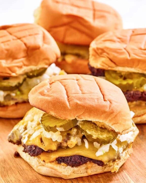Copycat double sonic smasher burger on a wood surface.