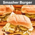 Homemade double sonic smasher burgers on a wood surface.