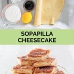 Sopapilla cheesecake ingredients and slices on a cake stand.