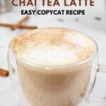 Homemade Starbucks chai tea latte in an insulated coffee mug.