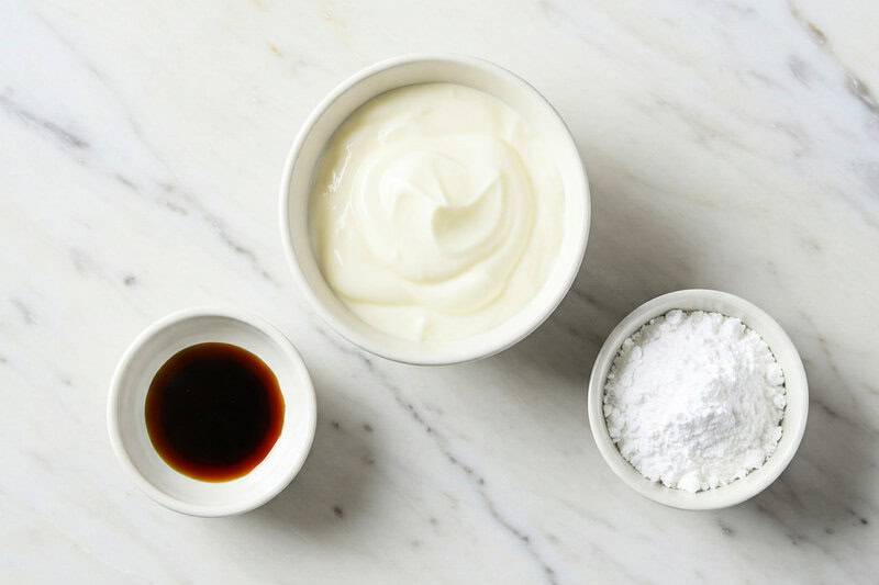 Sweetened yogurt ingredients in bowls.