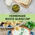 Homemade white queso dip ingredients and the dip in a bowl.