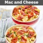 Homemade Applebee's four cheese mac and cheese with bacon in two bowls.