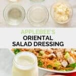 Copycat Applebee's oriental salad dressing ingredients and the dressing in a jar.