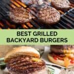 Burgers on a backyard grill and in a bun.