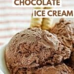 Scoops of homemade Ben & Jerry's chocolate ice cream in a bowl.