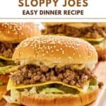 A homemade big mac sloppy joe on a wood board.
