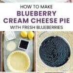 Blueberry cream cheese ingredients, the pie, and a slice on a plate.