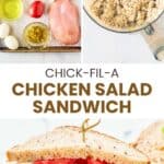 Copycat Chick-fil-A chicken salad sandwich ingredients and the sandwich on a wood board.