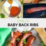 Copycat Chili's baby back ribs ingredients, smoking the ribs, and the ribs on a plate.