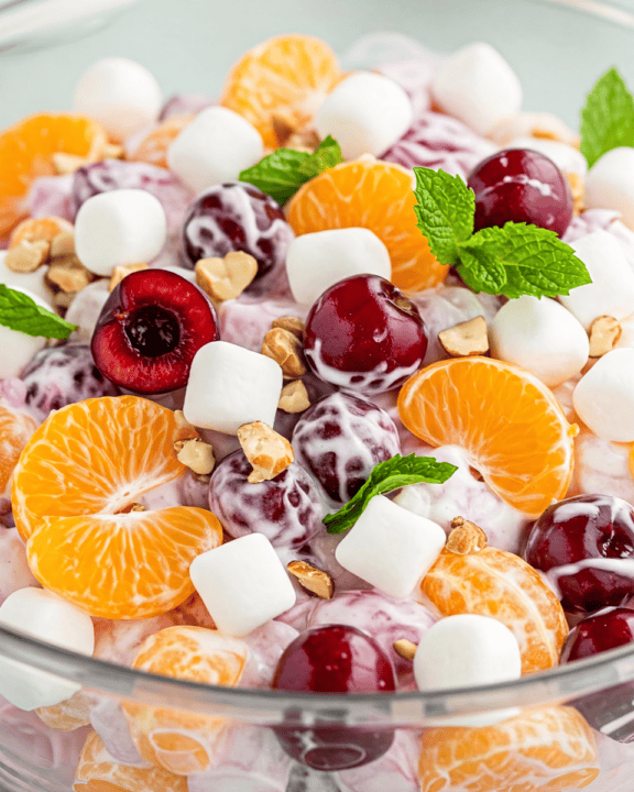 Dessert salad made with fresh fruit and cool whip