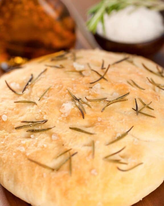 Copycat Macaroni Grill rosemary bread, olive oil, and salt.