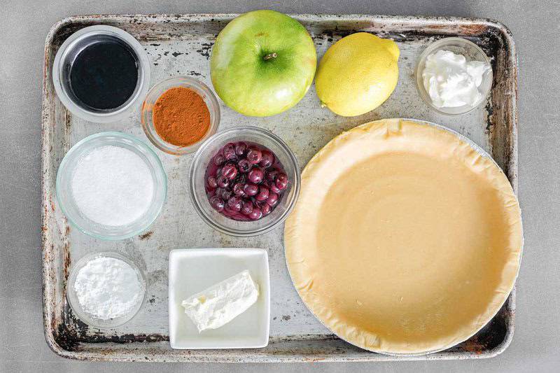 Copycat Marie Callender's sour cream blueberry pie ingredients on a tray.