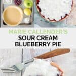 Copycat Marie Callender's sour cream blueberry pie ingredients, the pie, and a slice.