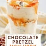 Homemade McDonald's chocolate pretzel mcflurry, chocolate covered pretzels, and a spoon.