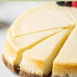 A sliced New York style cheesecake.