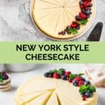 A whole New York style cheesecake garnished with berries.