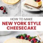 A whole New York style cheesecake and a slice on a plate.
