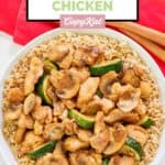 Homemade Panda Express mushroom chicken served over brown rice.