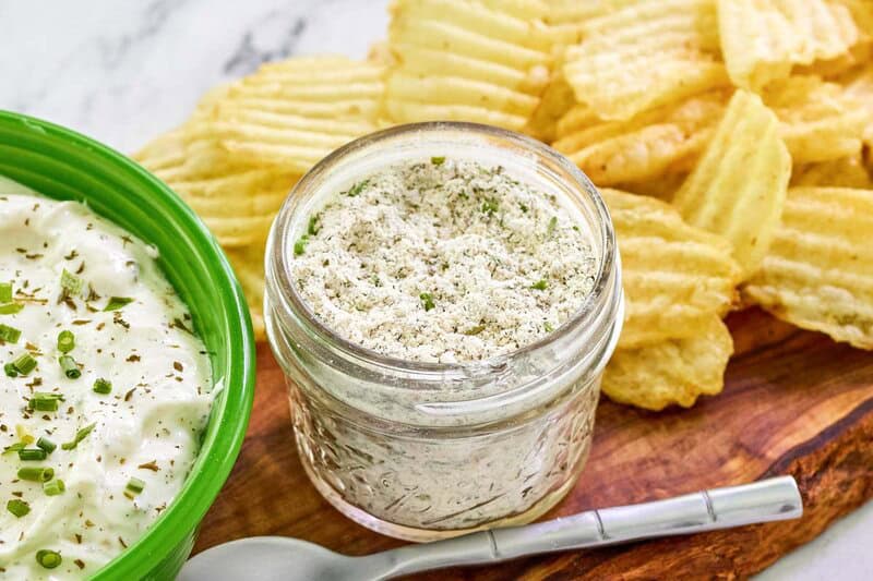 Homemade ranch dressing mix, ranch dip, and potato chips.
