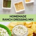 Homemade dry ranch dressing mix ingredients and the mix in a jar.