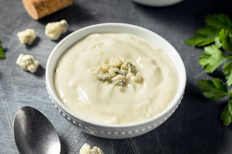 Copycat Simon and Seafort's blue cheese salad dressing in a bowl.