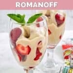 Homemade La Madeleine strawberries romanoff garnished with fresh mint.