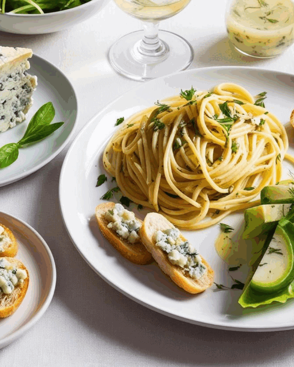 blue cheese, blue cheese pasta on a plate with blue cheese crosstini