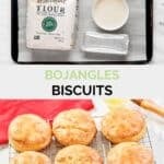 Copycat Bojangles biscuits ingredients and the biscuits on a wire rack.