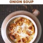 Homemade Brown Derby French onion soup in a soup crock.