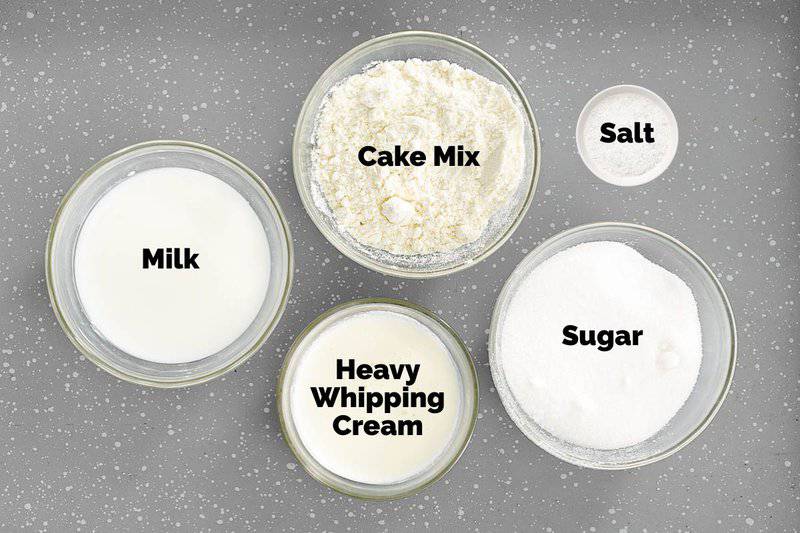 Cake batter ice cream ingredients in bowls.