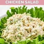 Homemade chicken salad chick dill-icious diva chicken salad on lettuce leaves.