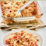 A serving of chicken spaghetti casserole on a plate and the casserole behind it.