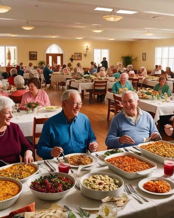 A large festive church potluck dinner