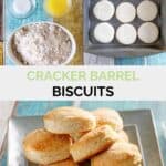 Copycat Cracker Barrel biscuits ingredients and the biscuits on a plate.