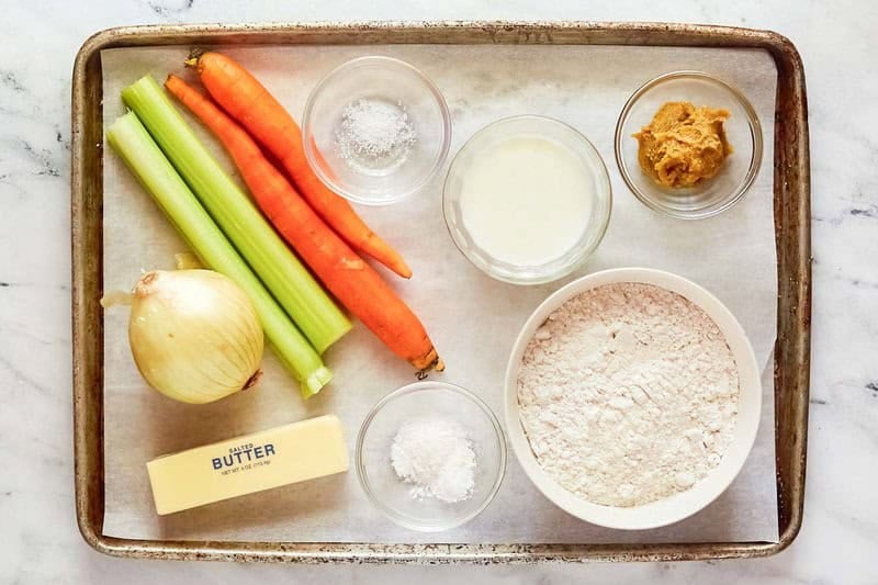Copycat cracker barrel dumplings ingredients on a tray.