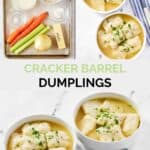 Copycat cracker barrel dumplings ingredients and the dumplings in bowls.