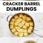 Copycat cracker barrel dumplings ingredients, cooking, and served in bowls.