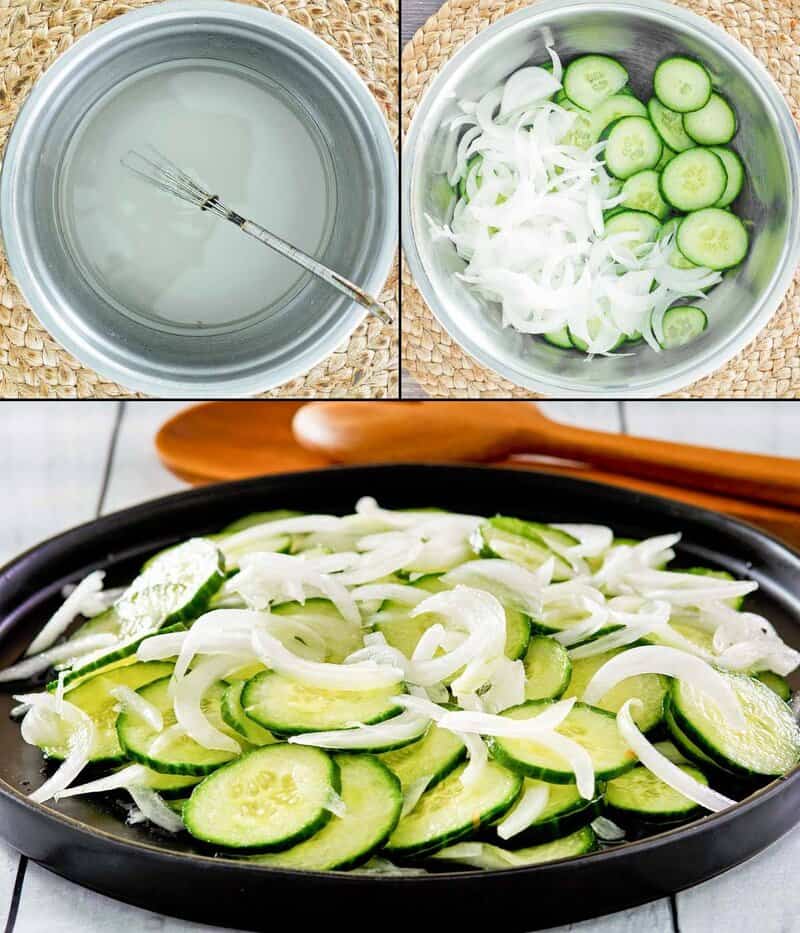 Making cucumber onion salad.