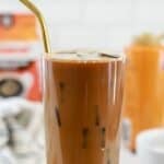 A glass of copycat Dunkin Donuts caramel iced coffee.