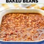 Homemade Durgin Park Boston baked beans on a marble surface.