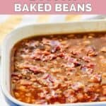 Homemade Durgin Park Boston baked beans in a ceramic casserole dish.
