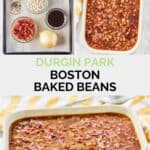 Copycat Durgin Park Boston baked beans ingredients and the finished dish.