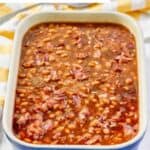 Homemade Durgin Park Boston baked beans in a large casserole dish.