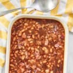 Homemade Durgin Park Boston baked beans in a casserole dish.