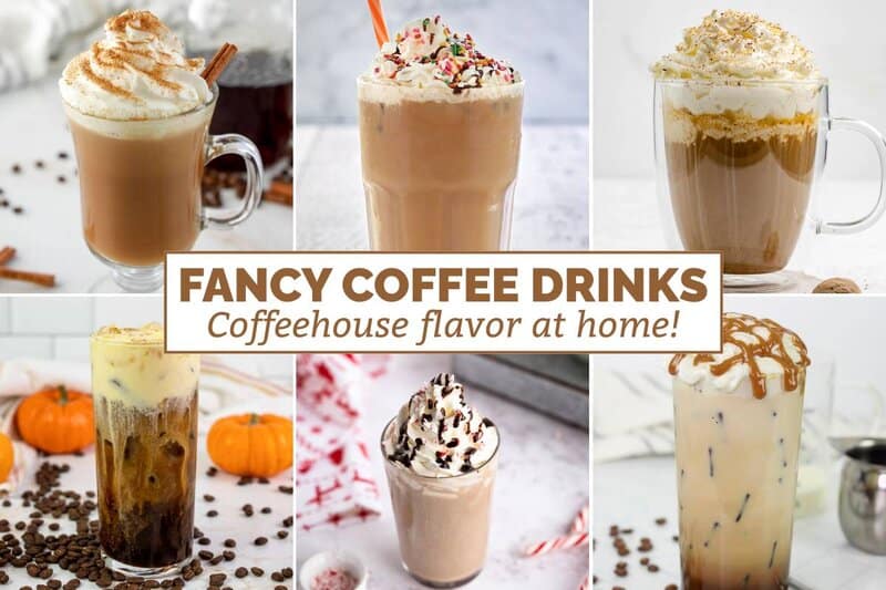 Six different fancy coffee drinks.