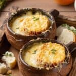 Bowls on homemade French onion soup on a tray.