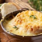 A bowl of homemade French onion soup.